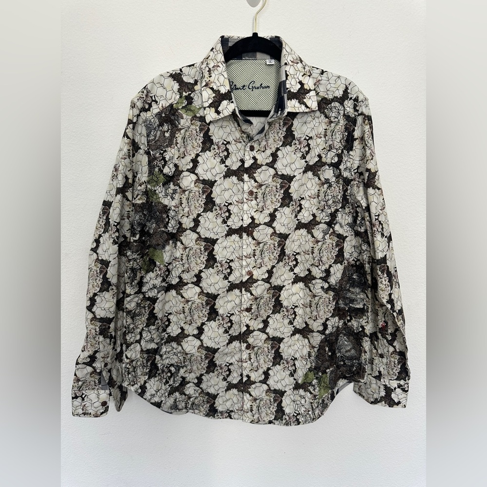 Robert Graham Button Down White Floral embroidered French Cuff large black green